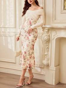 Vintamour فستان نسائي أنيق بطبعة زهرية على الكتف مع تصميم متقاطع ومطوي، مناسب للحفلات والعطلات، بتصميم ضيق وذيل سمكة، فساتين شتوية للنساء، فستان عيد الحب، ملابس عيد الحب للنساء، فستان رأس السنة، فساتين رأس السنة للنساء، ملابس رأس السنة، ملابس حفلة رأس السنة للنساء، فساتين أنيقة للنساء، فساتين أنيقة للسيدات، ملابس العطلات للنساء، فساتين أنيقة للحفلات، ملابس الربيع - لون مشمشي - مشاهدة 4