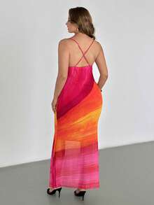 Auralis 大码女装春夏时尚优雅舒适粉橙扎染印花连衣裙，夏季服装，情人节女装，沙滩裙，度假裙，曲线连衣裙 - 粉色 - 查看 2