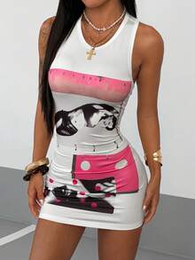 StreetHx Women's White Abstract Polka Dot Graphic Print Y2K Baddie Rockstar Streetwear Sexy Bodycon Sleeveless Racerback Mini Dress, Spring/Summer - White - View 3