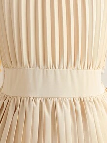 少女夏季立领褶皱纯色优雅短袖连衣裙 - 杏色 - 查看 6