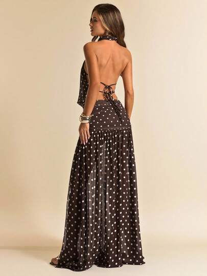 SHEIN BAE Romantic Summer Dress, Vintage Style Women's Summer Loose Polka Dot Print Backless Spaghetti Strap Ruffle Hem Dress, Coffee Polka Dot Dress, Summer Dress, Mori Girl Style, Summer Brown Collegiate Dress, Spaghetti Strap Backless High Slit Polka Dot Maxi Elegant Dress, Beach Holiday Maxi Dress