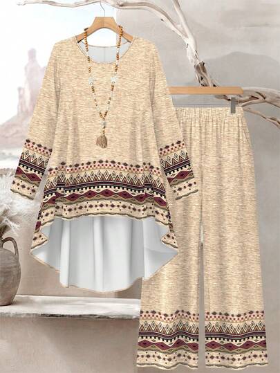 SHEIN Lacomfia Dam Plusstorlek Vintage Geometriskt Mönster Vårmode Rund Hals Långärmad Asymmetrisk Fåll Lös Topp & Byxor 2 Delat Set