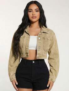SHEIN PETITE Casual Vintage Washed Cropped Denim Jacket - Camel - View 3