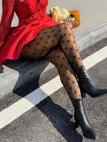 GalTyme Quần legging lưới xuyên thấu gợi cảm, co giãn, cỡ lớn, in hình trái tim, thích hợp cho ngày Valentine. - màu đen - Xem 2