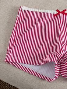 Swim Mod Summer Vacation Striped Print Lace Ruffle Bow Decor Tankini Swimsuit Set - Multicolor - View 5