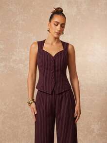 Lumalex Bộ đồ nữ mùa xuân/hè, tiệc tùng, tiệc chiêu đãi, trang phục sang trọng, lấp lánh, tiệc lễ hội, dã ngoại, kỳ nghỉ, ngoài trời, tiệc cưới, lễ trưởng thành, màu đỏ tía sọc, cổ đứng, khoét eo, khuy kim loại, ống quần thẳng, kèm áo vest không tay, sang trọng, dự tiệc prom, Giáng sinh, Năm mới, quần áo ấm áp mùa thu và đông cho nữ. - Màu Đỏ Sâu - Xem 8