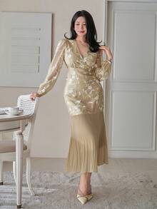 DAZY Set da 2 pezzi composto da blusa floreale elegante scollo a V e gonna, primavera - Albicocca - Visualizzare 5
