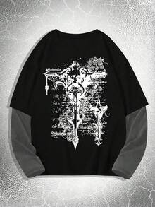 Manfinity Dauomo 男式拼色圆领长袖图案印花休闲 T 恤，秋季