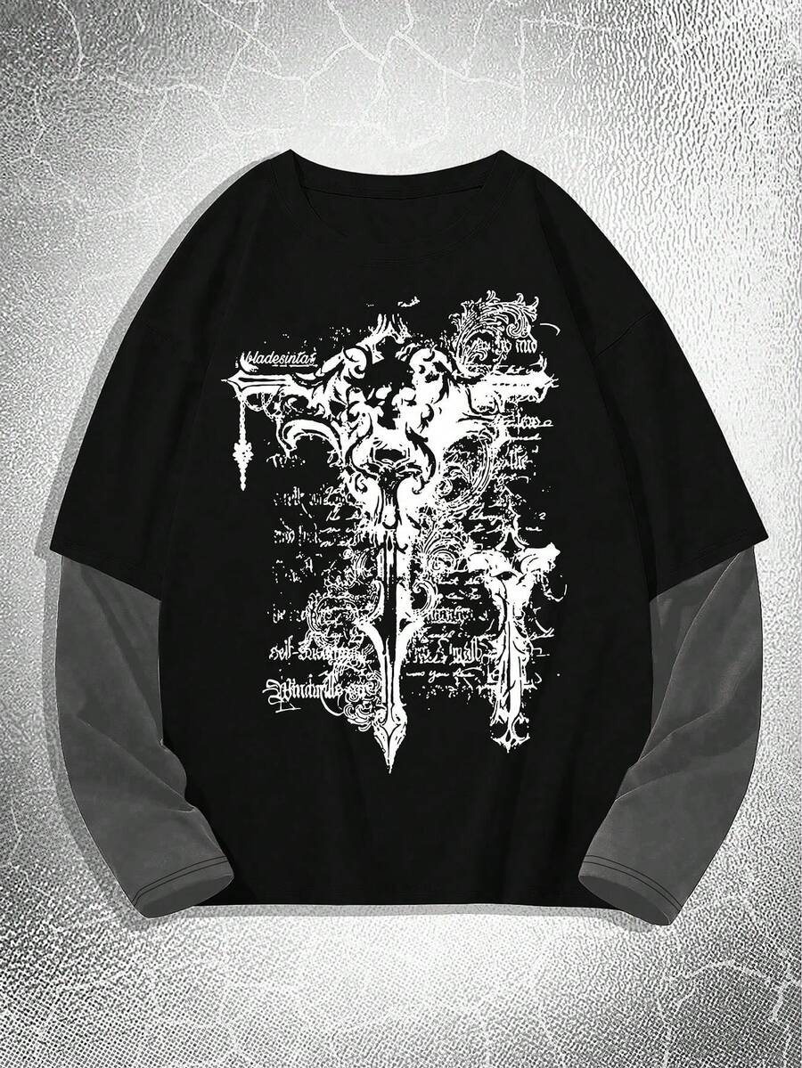 Manfinity Dauomo 男式拼色圆领长袖图案印花休闲 T 恤，秋季