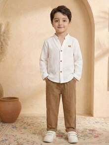 SHEIN 2-Pack Young Boys Boys Casual Sports College Vacation With Textured Fabric Stand-Up Collar Shirt And Trousers Suitable For Kids Outfits Young Boy Clothes Back To School Boys Set Suitable For Birthday Parties, Evening Parties, Performances, Weddings, Baptisms, Opening Ceremonies Daily Suitable For Daily Use Suitable For School Suitable For Travel Suitable For Sports Suitable For Spring And Summer Seasons