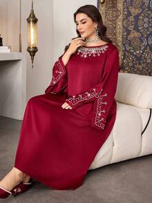 Al Najma Elegant Burgundy Boat Neck Beaded & Rhinestone Flared Sleeve Dress, Spring/Summer - Red - View 4