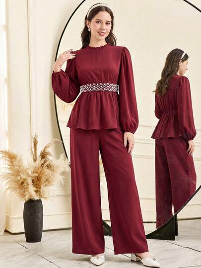SHEIN 2pcs/Set Teen Girls Burgundy Solid Color Fitted Casual Elegant Ruffle Collar Puff Sleeve Pearl Decor Top And Wide Leg Pants Pants And Top Set Lantern Sleeves Peplum Top And Wide Leg Pants Two Piece Women Wide Leg Pants Two Piece Women Sets Lantern Sleeves Top And Wide Leg Pants
