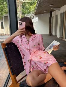 Napfluff 粉色条纹樱桃印花翻领短袖短裤女士睡衣套装 - 粉色 - 查看 6