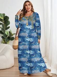 EMERY ROSE Plus Size Women Retro Print Long Sleeve Round Neck Casual Elegant Dress, Suitable For Spring Carnival,Vacation - Multicolor - View 6