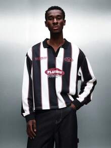 PLAYBOY X SUMWON 条纹 Polo 衫，背面印有大图案，短袖，翻领，纽扣门襟，常规版型，休闲男装 - 彩色 - 查看 2