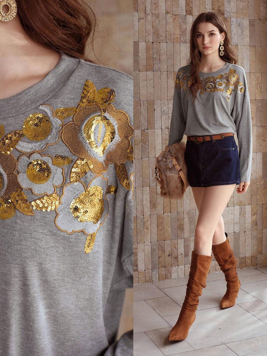 MOTF PREMIUM ÁO THUN THÊU HOA SEQUIN - Màu Xám nhạt - Xem 1