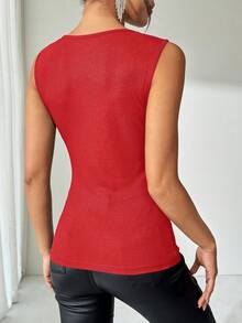 SHEIN Clasi Áo nữ dài tay màu đen gân sọc, đính đá lấp lánh, ôm dáng, thanh lịch, phong cách thường ngày. - Đỏ - Xem 2