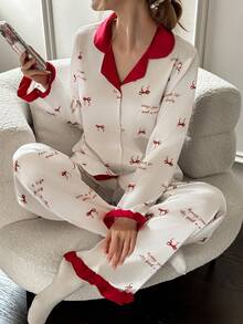 Napfluff 女士蝴蝶结和英文印花撞色仿丝翻领长袖睡衣套装 - 彩色 - 查看 4