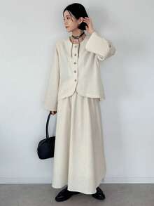 FRIFUL 2pcs Women Linen Dropped Shoulder Long Sleeve Loose Straight Pants Set - Beige - View 2