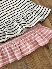 2pcs/Set Baby Girl Cute Knitted Striped Heart Pattern Short Sleeve Dress, Spring/Summer - Multicolor - View 3