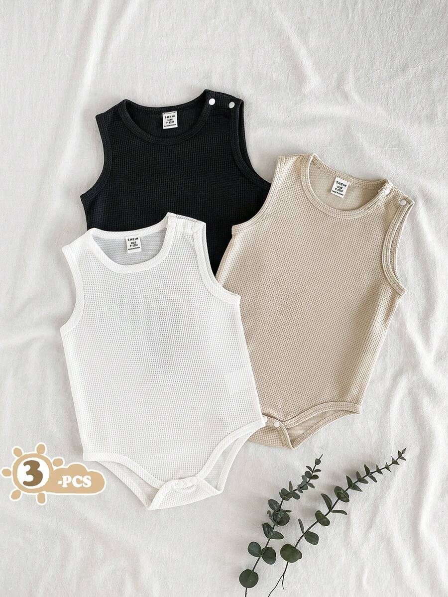 SHEIN Vintaside Kids 男婴夏季多件套圆领无袖简约休闲连体衣,适合居家休闲或户外露营购物。 - 彩色 - 查看 1