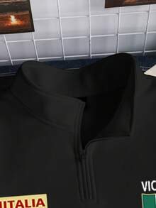 Manfinity Campus Court Áo nỉ nam kiểu dáng thường ngày, in họa tiết, có khóa kéo nửa thân. - màu đen - Xem 4