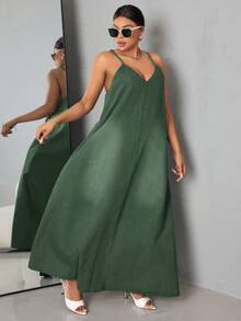 Slaydiva 大码纯色休闲百搭牛仔吊带裙 - 軍綠色 - 查看 4