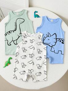 SHEIN 3pcs Newborn Baby Boy Cute Cartoon Striped Sleeveless Romper Set, Summer - Multicolor - View 4