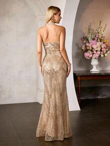 MOTF PREMIUM 优雅露背无袖人造珍珠串珠高开衩美人鱼下摆礼服，适合秋冬正式活动和庆典 - 香檳色 - 查看 7