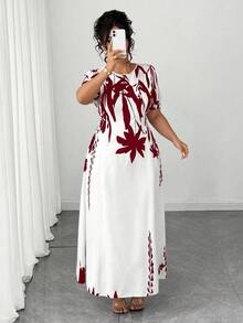 Elenzga 大码女士优雅A字收腰中长连衣裙，日常通勤皆宜，尽显优雅气质。 - 紅白色 - 查看 8