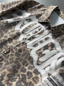 ROMWE MEN Men's Leopard Print & Letter Graphic Zip-Up Casual Short Sleeve Denim Jacket - Multicolor - View 5