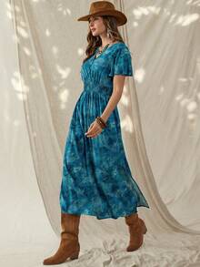 Wildy 休闲美式西部乡村复古图案女式V领短袖长裙，适合春夏日常穿着、通勤和户外活动 - 藍色 - 查看 6