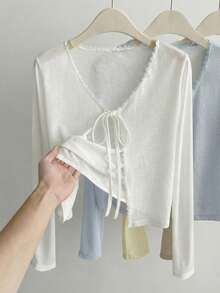 Resyla Sheer Knit Lace Trim V-Neck Back Tie Cropped Cardigan - White - View 1
