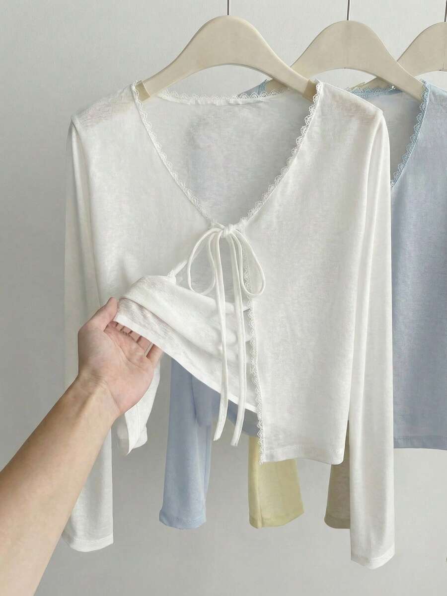 Resyla Sheer Knit Lace Trim V-Neck Back Tie Cropped Cardigan - White - View 1