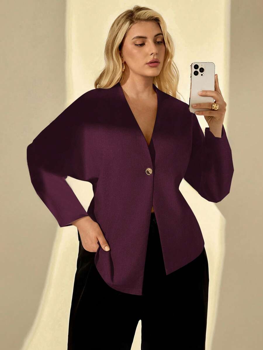 Auralis Áo sơ mi dài tay một hàng cúc màu trơn dáng rộng dành cho nữ cỡ lớn - Đỏ - Xem 1