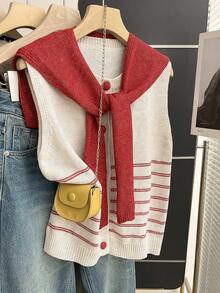 Franclia 新款春秋韩版柔软蓬松撞色红白条纹披肩领休闲宽松减龄甜美个性门襟纽扣2026设计感法式拼接通勤优雅时尚百搭活力韩版亮丽慵懒温柔风背心开衫 - 紅白色 - 查看 4