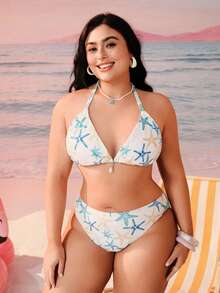 Swim Mod Plus Size Cute Star & Ocean Element Beach Vacation Swimsuit Set - Multicolor - View 3