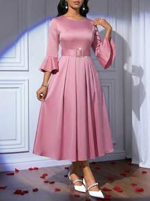 SHEIN Lady Đầm midi tay xòe thanh lịch dành cho nữ dự tiệc - Hồng - Xem 3