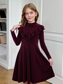 SHEIN Serisse Kids 女童条纹天鹅绒 A 字裙，优雅长袖蛋糕裙，适合生日派对、度假，非常适合秋冬季休闲日常穿着和上学日常穿着，适合圣诞节、母女搭配 - 酒紅色 - 查看 7