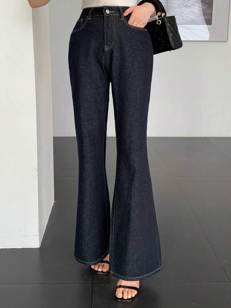 Women's Solid Color High Waist Fashionable Versatile Casual Flare Jeans