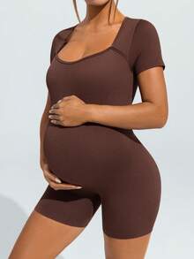 SHEIN 孕妇纯色心形领短袖休闲运动连体裤 - 咖啡棕 - 查看 4