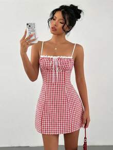 Aloruh 女士纯棉红白格子吊带修身迷你A字蕾丝边连衣裙 - 紅色 - 查看 4