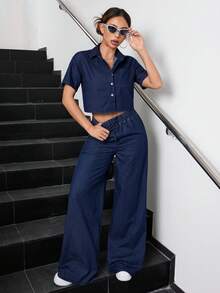 SHEIN 少女单排扣口袋衬衫和阔腿牛仔裤休闲牛仔套装