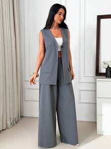 SHEIN Women's Striped Single-Breasted Sleeveless Jacket And Wide-Leg Pants Casual Suit Set - Dark Grey - View 3