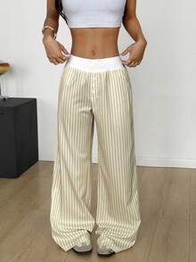 Flirla 女士条纹拼接撞色裤 - 黃色 - 查看 3
