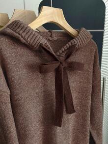 Franclia Women's Autumn/Winter New High-End Thickened Versatile Casual Hoodie T-Shirt, Loose Long Sleeve Lantern Sleeve Knit Sweatshirt Pullover, Women's Outerwear, Halloween T-Shirt, Women's Winter Sweatshirt, Autumn Matching, Christmas Sweatshirt - Coffee Brown - View 5