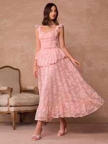 Enchnt 女士优雅荷叶边袖口褶裥腰部提花花朵贴花连衣裙，夏季 - 藕粉色 - 查看 4