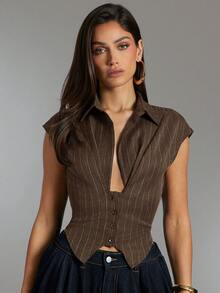 Denimoi Áo kiểu thời trang cổ thấp, cạp chun, kẻ sọc. - Cà phê nâu - Xem 4