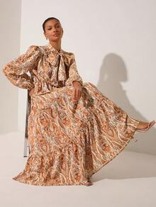 Lilora 女士印花系带灯笼袖层叠荷叶边连衣裙，优雅度假之选 - 彩色 - 查看 7