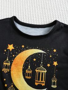 SHEIN 2pcs/Set Baby Boy/Girl Star & Moon Pattern T-Shirt And Patterned Shorts Pajama Set, Suitable For Home And Outdoor Wear - Multicolor - View 7